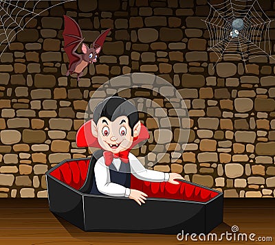 Cartoon happy vampire in his coffin Vector Illustration