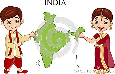 Cartoon Indian couple wearing traditional costume Vector Illustration