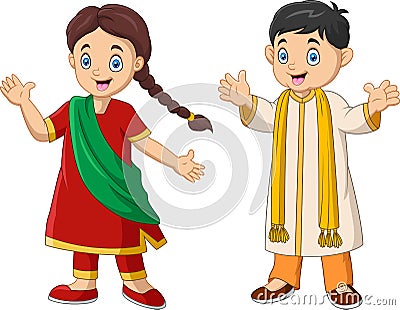 Cartoon indian couple wearing traditional costumes Vector Illustration