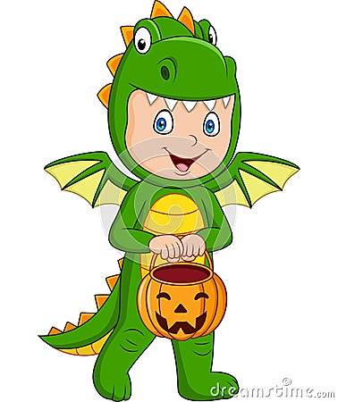 Cartoon kid with Halloween dragon costume holding pumpkin basket Vector Illustration