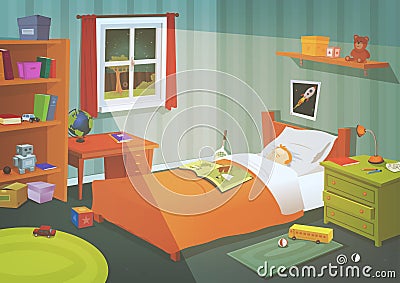 Kid Or Teenager Bedroom In The Moonlight Vector Illustration