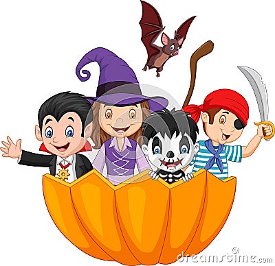 Cartoon kids with Halloween costume inside pumpkin basket Vector Illustration
