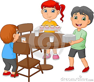 Cartoon kids setting the dining table by placing glasses and food Vector Illustration