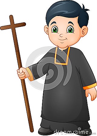 Cartoon little boy altar server in uniform holding a cross Vector Illustration