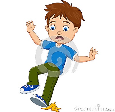 Cartoon little boy slipping on a banana peel Vector Illustration