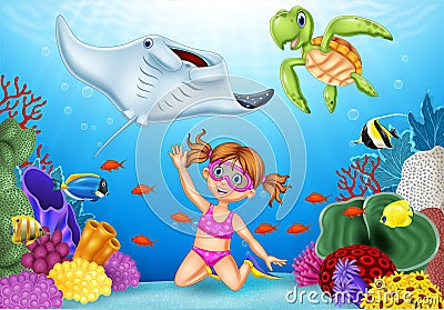Cartoon little girl diving in underwater tropical sea Vector Illustration