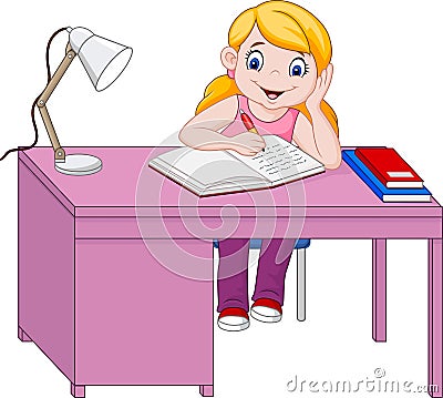 Cartoon little girl studying Vector Illustration