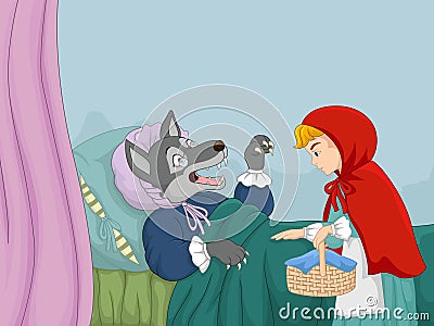 Cartoon little red riding hood and wolf Vector Illustration