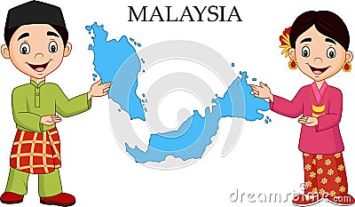 Cartoon Malaysia couple wearing traditional costume Vector Illustration