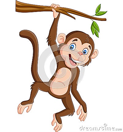 Cartoon monkey hanging in tree branch Vector Illustration