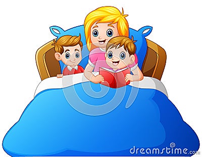 Cartoon mother reading bedtime story to her child on bed Vector Illustration