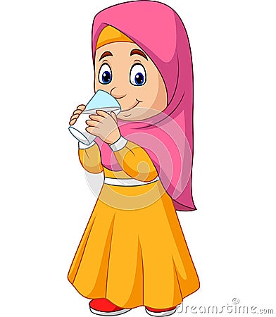 Cartoon Muslim girl drinking water Vector Illustration