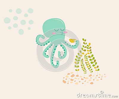 On the illustration is a cartoon octopus Vector Illustration