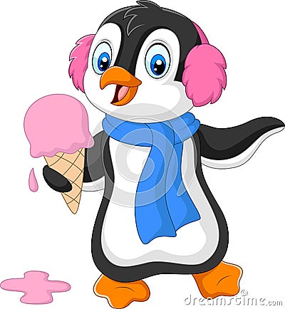 Cartoon penguin with earmuffs and scarf eats an ice cream Vector Illustration