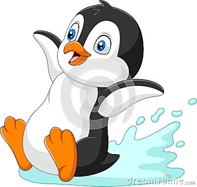 Cartoon penguin sliding on water Vector Illustration