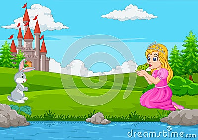 Cartoon a princess kissing a green frog Vector Illustration