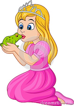 Cartoon princess kissing a green frog Vector Illustration