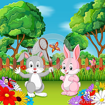 Cartoon rabbit couples with butterfly Vector Illustration