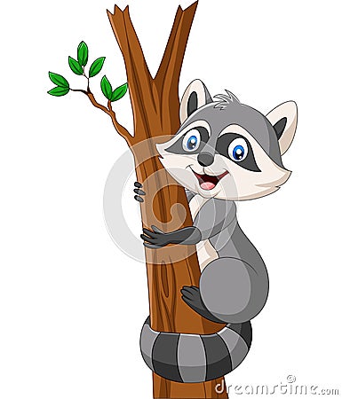 Cartoon Raccoon climbing on the tree Vector Illustration