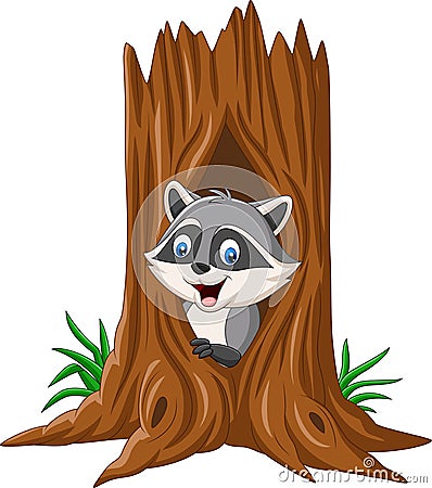 Cartoon raccoon sitting in hollow of a tree Vector Illustration