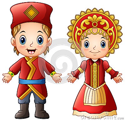 Cartoon russian couple wearing traditional costumes Vector Illustration