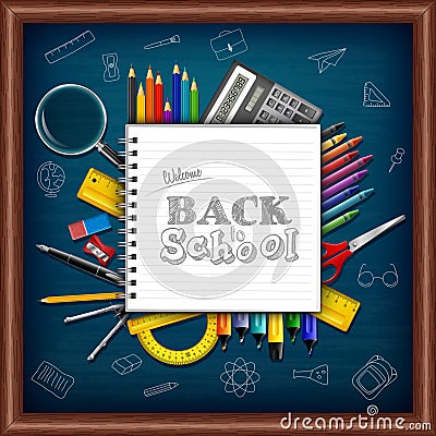 Cartoon school supplies on chalkboard background Vector Illustration