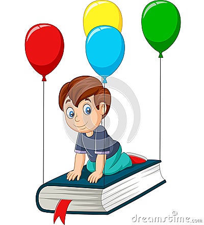 Cartoon schoolboy flying on a book Vector Illustration
