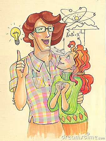 Illustration in cartoon style. big strong man and his little fragile woman. scientist and student, Stock Photo