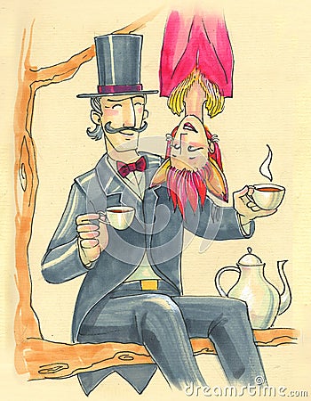 Illustration in cartoon style. crazy couple in carnival costumes drinks tea on a tree. tomfoolery Stock Photo