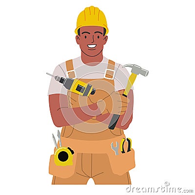Illustration cartoon style of repairman,standing with arms crossed wearing a worker uniform in handholding equipment Vector Illustration
