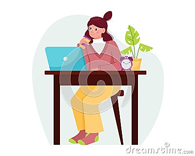 Illustration of cartoon thoughtful girl works on laptop at desk from home Vector Illustration