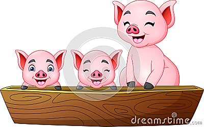 Cartoon three little pig riding on a boat Vector Illustration