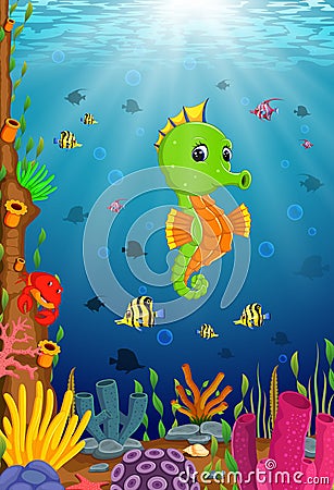 Cartoon tropical sea horse with beautiful underwater world Vector Illustration