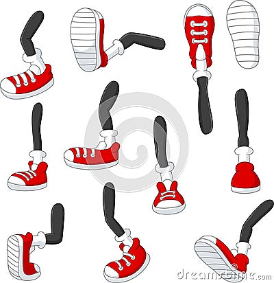 Cartoon walking feet in red sneakers on stick legs in various positions Vector Illustration