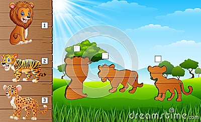 Cartoon wild animal collection. Find the correct shadow on board. Educational game for children Vector Illustration