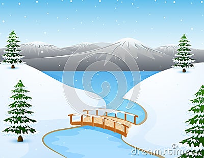 Cartoon winter landscape with mountains and small wooden bridge over river Vector Illustration