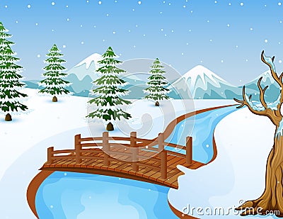 Cartoon winter landscape with mountains and small wooden bridge over river Vector Illustration