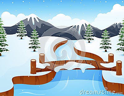 Cartoon winter landscape with mountains and small wooden bridge over river Vector Illustration