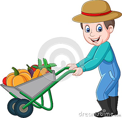 Cartoon young farmer pushing a wheelbarrow full of vegetables Vector Illustration