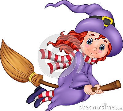 Cartoon young witch flying with a broom Vector Illustration