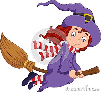 Cartoon young witch flying with a broom Vector Illustration