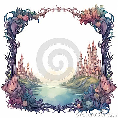 an illustration of a castle surrounded by flowers Cartoon Illustration