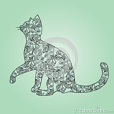 Illustration. Cat with flowers on a green background. Sketch. Vector Illustration