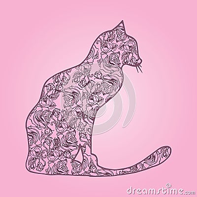 Illustration. Cat with flowers on pink background. Sketch. Vector Illustration