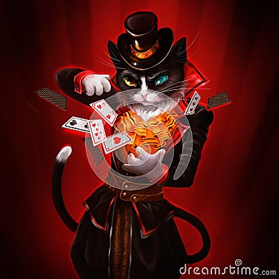 Illustration of a cat with playing cards Stock Photo