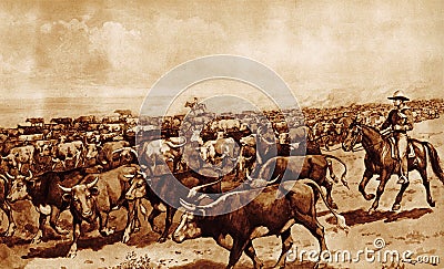 Illustration of a cattle drive Stock Photo