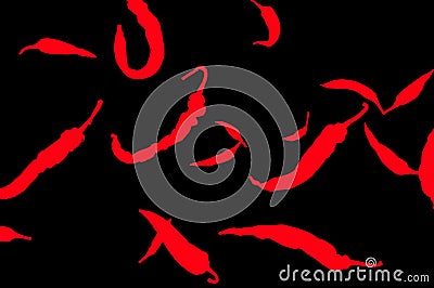 Illustration of cayenne red pepper pods scattered on a black background Stock Photo