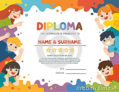 Happy children having fun together. Children look up with interest. Template for Certificate kids diploma Vector Illustration
