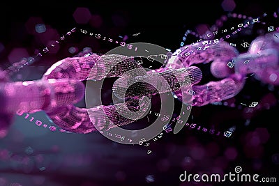 Of a chain made from binary code, with a purple color on a black background, in the cyberpunk style, low poly and techy, with Cartoon Illustration