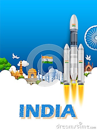 Chandrayaan rocket mission launched by India with tricolor Indian flag Vector Illustration